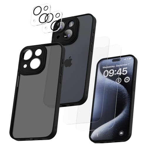 flintronic Transparente Hülle kompatibel mit iPhone 15 6,1 Zoll, Handyhülle für iPhone 15, Handyhülle in Militärqualität, mit 2 Displayschutzfolien + 2 Kameraschutz, durchscheinende matte von flintronic