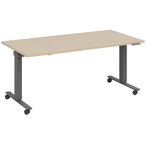 fm Slimfit elektrisch höhenverstellbarer Schreibtisch ahorn, anthrazit metallic rechteckig, T-Fuß-Gestell mit Rollen grau 140,0 x 80,0 cm von fm