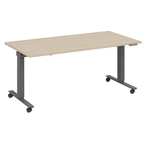 fm Slimfit elektrisch höhenverstellbarer Schreibtisch ahorn, anthrazit metallic rechteckig, T-Fuß-Gestell mit Rollen grau 160,0 x 70,0 cm von fm