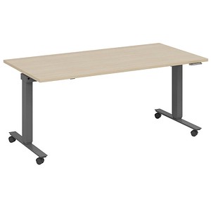 fm Slimfit elektrisch höhenverstellbarer Schreibtisch ahorn, anthrazit metallic rechteckig, T-Fuß-Gestell mit Rollen grau 160,0 x 80,0 cm von fm