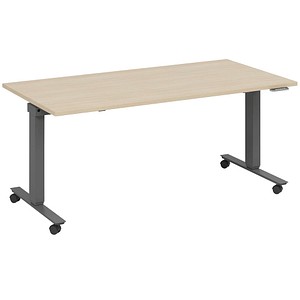 fm Slimfit elektrisch höhenverstellbarer Schreibtisch ahorn, anthrazit metallic rechteckig, T-Fuß-Gestell mit Rollen grau 180,0 x 70,0 cm von fm