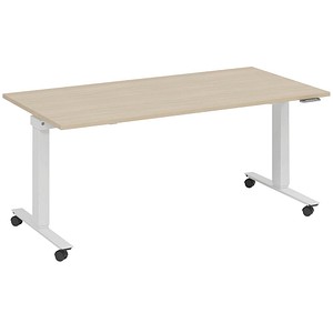 fm Slimfit elektrisch höhenverstellbarer Schreibtisch ahorn, verkehrsweiß rechteckig, T-Fuß-Gestell mit Rollen weiß 140,0 x 80,0 cm von fm