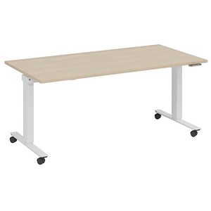 fm Slimfit elektrisch höhenverstellbarer Schreibtisch ahorn, verkehrsweiß rechteckig, T-Fuß-Gestell mit Rollen weiß 160,0 x 70,0 cm von fm