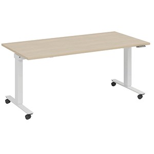 fm Slimfit elektrisch höhenverstellbarer Schreibtisch ahorn, verkehrsweiß rechteckig, T-Fuß-Gestell mit Rollen weiß 160,0 x 80,0 cm von fm