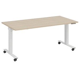 fm Slimfit elektrisch höhenverstellbarer Schreibtisch ahorn, verkehrsweiß rechteckig, T-Fuß-Gestell mit Rollen weiß 180,0 x 80,0 cm von fm