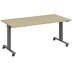 fm Slimfit elektrisch höhenverstellbarer Schreibtisch akazie, anthrazit metallic rechteckig, T-Fuß-Gestell mit Rollen grau 140,0 x 80,0 cm von fm