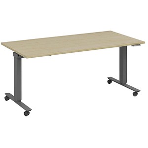 fm Slimfit elektrisch höhenverstellbarer Schreibtisch akazie, anthrazit metallic rechteckig, T-Fuß-Gestell mit Rollen grau 160,0 x 70,0 cm von fm