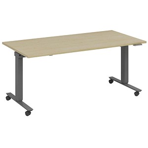 fm Slimfit elektrisch höhenverstellbarer Schreibtisch akazie, anthrazit metallic rechteckig, T-Fuß-Gestell mit Rollen grau 180,0 x 80,0 cm von fm