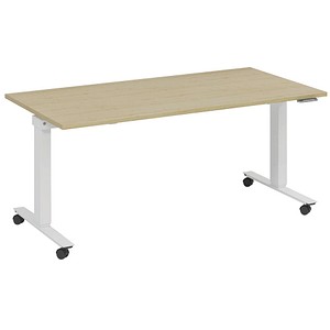 fm Slimfit elektrisch höhenverstellbarer Schreibtisch akazie, verkehrsweiß rechteckig, T-Fuß-Gestell mit Rollen weiß 140,0 x 70,0 cm von fm