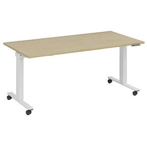 fm Slimfit elektrisch höhenverstellbarer Schreibtisch akazie, verkehrsweiß rechteckig, T-Fuß-Gestell mit Rollen weiß 140,0 x 80,0 cm von fm