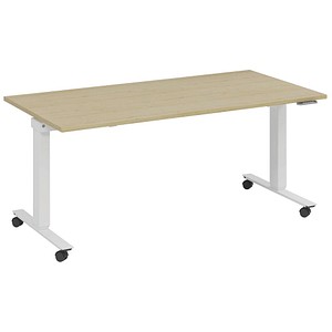 fm Slimfit elektrisch höhenverstellbarer Schreibtisch akazie, verkehrsweiß rechteckig, T-Fuß-Gestell mit Rollen weiß 160,0 x 70,0 cm von fm