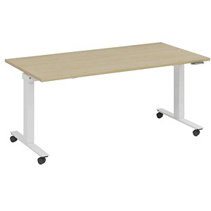 fm Slimfit elektrisch höhenverstellbarer Schreibtisch akazie, verkehrsweiß rechteckig, T-Fuß-Gestell mit Rollen weiß 160,0 x 80,0 cm von fm