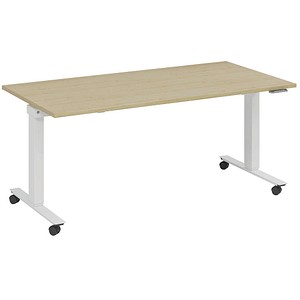 fm Slimfit elektrisch höhenverstellbarer Schreibtisch akazie, verkehrsweiß rechteckig, T-Fuß-Gestell mit Rollen weiß 180,0 x 80,0 cm von fm