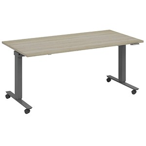 fm Slimfit elektrisch höhenverstellbarer Schreibtisch eiche, anthrazit metallic rechteckig, T-Fuß-Gestell mit Rollen grau 140,0 x 70,0 cm von fm