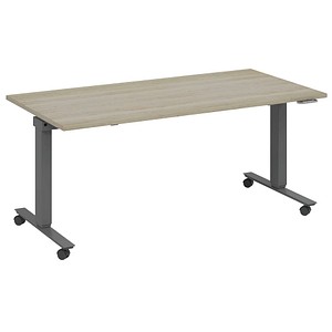 fm Slimfit elektrisch höhenverstellbarer Schreibtisch eiche, anthrazit metallic rechteckig, T-Fuß-Gestell mit Rollen grau 140,0 x 80,0 cm von fm