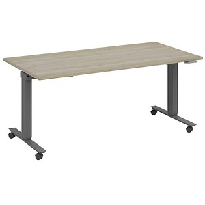 fm Slimfit elektrisch höhenverstellbarer Schreibtisch eiche, anthrazit metallic rechteckig, T-Fuß-Gestell mit Rollen grau 160,0 x 70,0 cm von fm