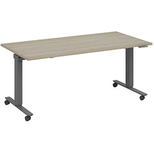 fm Slimfit elektrisch höhenverstellbarer Schreibtisch eiche, anthrazit metallic rechteckig, T-Fuß-Gestell mit Rollen grau 180,0 x 80,0 cm von fm