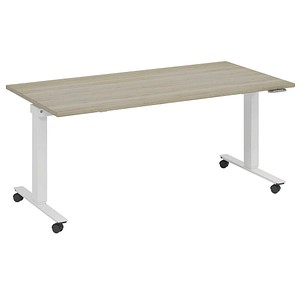 fm Slimfit elektrisch höhenverstellbarer Schreibtisch eiche, verkehrsweiß rechteckig, T-Fuß-Gestell mit Rollen weiß 140,0 x 80,0 cm von fm