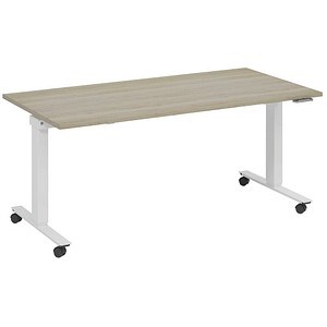 fm Slimfit elektrisch höhenverstellbarer Schreibtisch eiche, verkehrsweiß rechteckig, T-Fuß-Gestell mit Rollen weiß 160,0 x 70,0 cm von fm