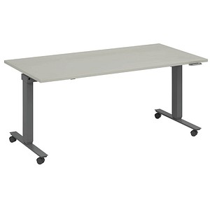 fm Slimfit elektrisch höhenverstellbarer Schreibtisch lichtgrau, anthrazit metallic rechteckig, T-Fuß-Gestell mit Rollen grau 140,0 x 70,0 cm von fm