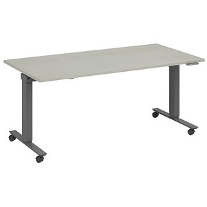 fm Slimfit elektrisch höhenverstellbarer Schreibtisch lichtgrau, anthrazit metallic rechteckig, T-Fuß-Gestell mit Rollen grau 160,0 x 80,0 cm von fm