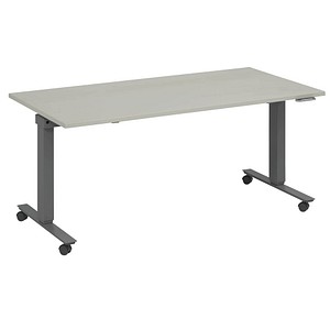 fm Slimfit elektrisch höhenverstellbarer Schreibtisch lichtgrau, anthrazit metallic rechteckig, T-Fuß-Gestell mit Rollen grau 180,0 x 70,0 cm von fm