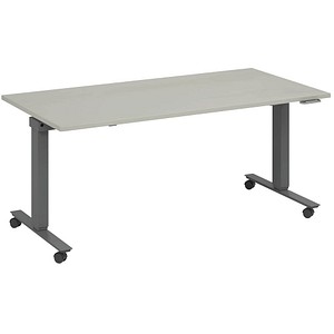 fm Slimfit elektrisch höhenverstellbarer Schreibtisch lichtgrau, anthrazit metallic rechteckig, T-Fuß-Gestell mit Rollen grau 180,0 x 80,0 cm von fm