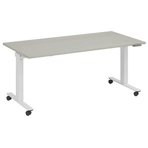 fm Slimfit elektrisch höhenverstellbarer Schreibtisch lichtgrau, verkehrsweiß rechteckig, T-Fuß-Gestell mit Rollen weiß 160,0 x 70,0 cm von fm