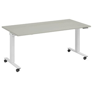 fm Topspin elektrisch höhenverstellbarer Schreibtisch lichtgrau, verkehrsweiß rechteckig, T-Fuß-Gestell mit Rollen weiß 160,0 x 80,0 cm von fm