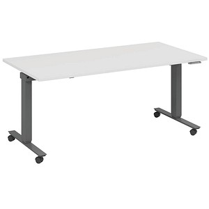 fm Slimfit elektrisch höhenverstellbarer Schreibtisch weiß, anthrazit metallic rechteckig, T-Fuß-Gestell mit Rollen grau 140,0 x 70,0 cm von fm