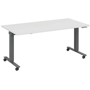 fm Slimfit elektrisch höhenverstellbarer Schreibtisch weiß, anthrazit metallic rechteckig, T-Fuß-Gestell mit Rollen grau 140,0 x 80,0 cm von fm
