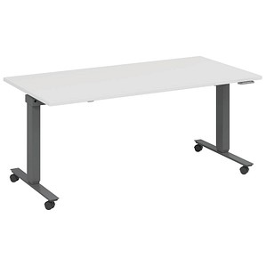 fm Slimfit elektrisch höhenverstellbarer Schreibtisch weiß, anthrazit metallic rechteckig, T-Fuß-Gestell mit Rollen grau 160,0 x 70,0 cm von fm