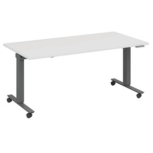 fm Slimfit elektrisch höhenverstellbarer Schreibtisch weiß, anthrazit metallic rechteckig, T-Fuß-Gestell mit Rollen grau 160,0 x 80,0 cm von fm