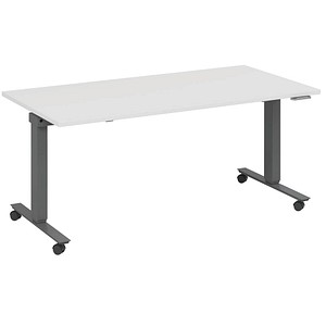 fm Slimfit elektrisch höhenverstellbarer Schreibtisch weiß, anthrazit metallic rechteckig, T-Fuß-Gestell mit Rollen grau 180,0 x 70,0 cm von fm