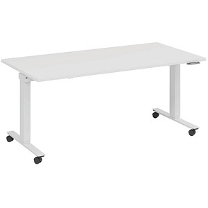 fm Slimfit elektrisch höhenverstellbarer Schreibtisch weiß, verkehrsweiß rechteckig, T-Fuß-Gestell mit Rollen weiß 160,0 x 80,0 cm von fm