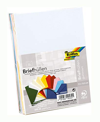 folia 150599 - Briefhüllen, Briefumschläge, Kuverts, gummiert, ca. 11 x 15,5 cm, passend für DIN A6, 50 Stück, sortiert in 10 verschiedenen Farben von folia