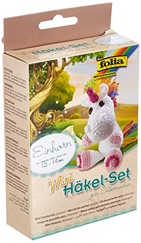 folia 23910 - Mini Häkelset Einhorn, Komplettset zur Erstellung von einem selbst gehäkelten niedlichen Einhorn, ca. 12 - 14 cm groß, für Kinder ab 8 Jahren und Erwachsene, als Geschenk von folia