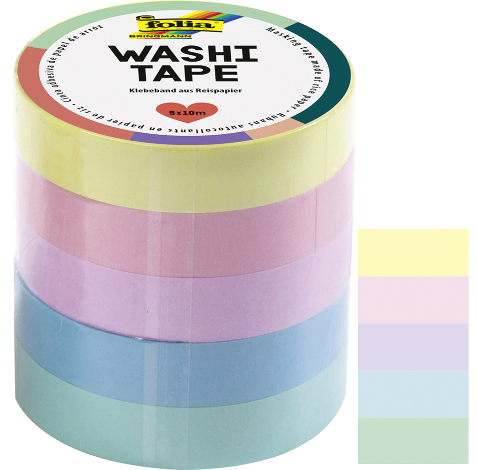 folia Deko-Klebeband Washi-Tape UNI PASTELL, 5er Set von folia