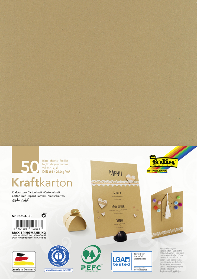 folia Kraftkarton, 230 g/qm, DIN A4, 50 Blatt von folia