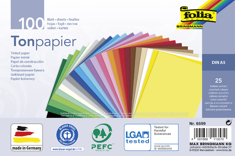 folia Tonpapier, DIN A5, 130 g/qm, 25 Farben sortiert von folia