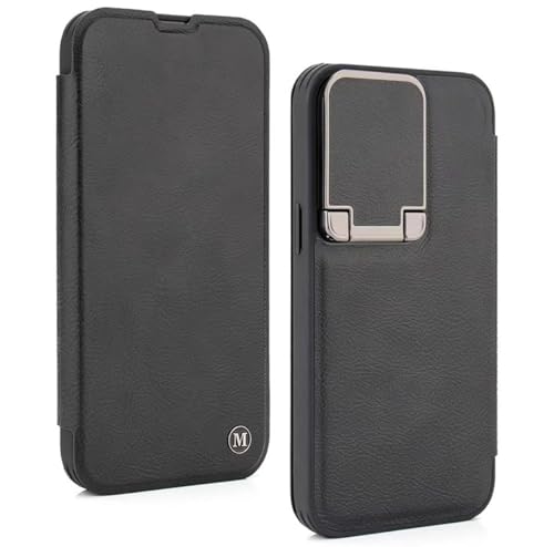 fonefunshop iPhone 15 Pro Max Leder Flip Case mit Ständer und Kameraschutz in Schwarz von fonefunshop