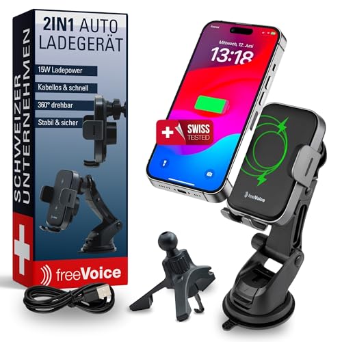 freeVoice® Auto Handyhalterung mit Ladefunktion (15 W) / Induktives KFZ Ladegerät/Auto Zubehör Schnell-Ladestation mit Saugnapf & Halter für Lüftung/Gadget für iPhone & Samsung von freeVoice