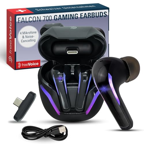 freeVoice Falcon 700 In Ear Gaming Kopfhörer I Kabellose Kopfhörer mit 4 Mikrofonen & Noise Cancelling I 6 h Gesprächszeit I USB-C Dongle & Bluetooth V5.3 I Wireless Earbuds I Mobile Gaming von freeVoice