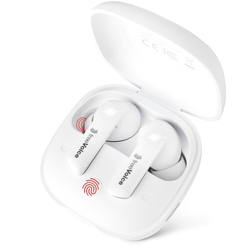 freeVoice® In Ear Kopfhörer Bluetooth mit Noise Cancelling (Aktive Geräuschunterdrückung) - Kabellose Earbuds Headphones für Business & Sport in weiß - IPX5 wasserfest von freeVoice