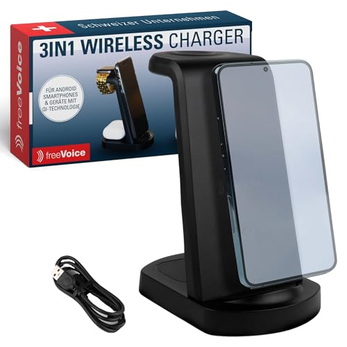 freeVoice Wireless Charger für Samsung I Kabelloses Ladegerät 3in1 I Induktive Ladestation für Handy, Smartwatch & Kopfhörer I 15 Watt Schnellladegerät I Drahtloses Ladegerät von freeVoice