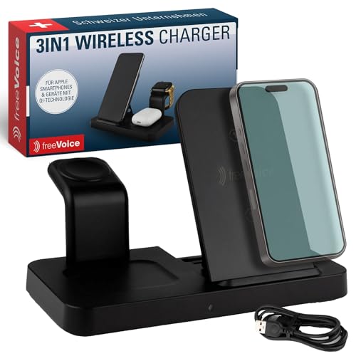 freeVoice Wireless Charger für Apple I Klappbares & kabelloses Ladegerät 3in1 I Induktive Ladestation für Handy, Smartwatch & Kopfhörer I 15 Watt Schnellladegerät I Drahtloses Ladegerät freeVoice Wireless Charger für Apple I Klappbares & kabelloses Ladegerät 3in1 I Induktive Ladestation für Handy, Smartwatch & Kopfhörer I 15 Watt Schnellladegerät I Drahtloses Ladegerät von freeVoice