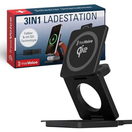 freeVoice Foldable Wireless Charger I Kabelloses Ladegerät 3in1 I Drahtloses Ladegerät für Handy, Smartwatch & Kopfhörer I 15 Watt Schnellladegerät mit QI2 Standard & minimalem Energieverbrauch von freeVoice