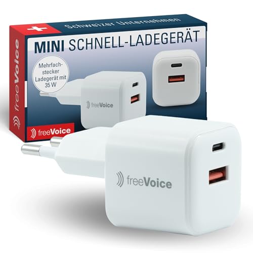 freeVoice Mini-Schnellladegerät 35 W I Mehrfachladegerät mit 1x USB-A & 1x USB-C Anschluss I Mehrfach-Netzteil für Smartphones, Laptops & Kopfhörer I USB-Ladegerät für gleichzeitiges Laden von freeVoice