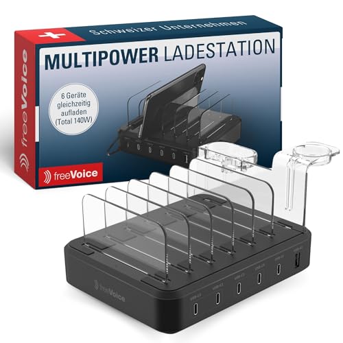 freeVoice Multi-Ladestation für mehrere Geräte I 140W I Mehrfach-Aufladestation mit 5X USB Typ-C & 1x USB Typ-A I USB-Charging-Station für 6 Geräte I Platzsparende Ladebox für Handy & Tablet von freeVoice