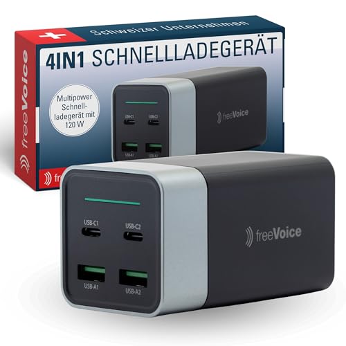 freeVoice Multipower Schnellladegerät 120 W I USB-C Netzteil für Steckdose I 2 USB-A & 2 USB-C Anschlüsse I 4 in 1 Ladegerät für Smartphone, Laptop & Tablet I Mehrfach Ladestation I GaN Charger von freeVoice